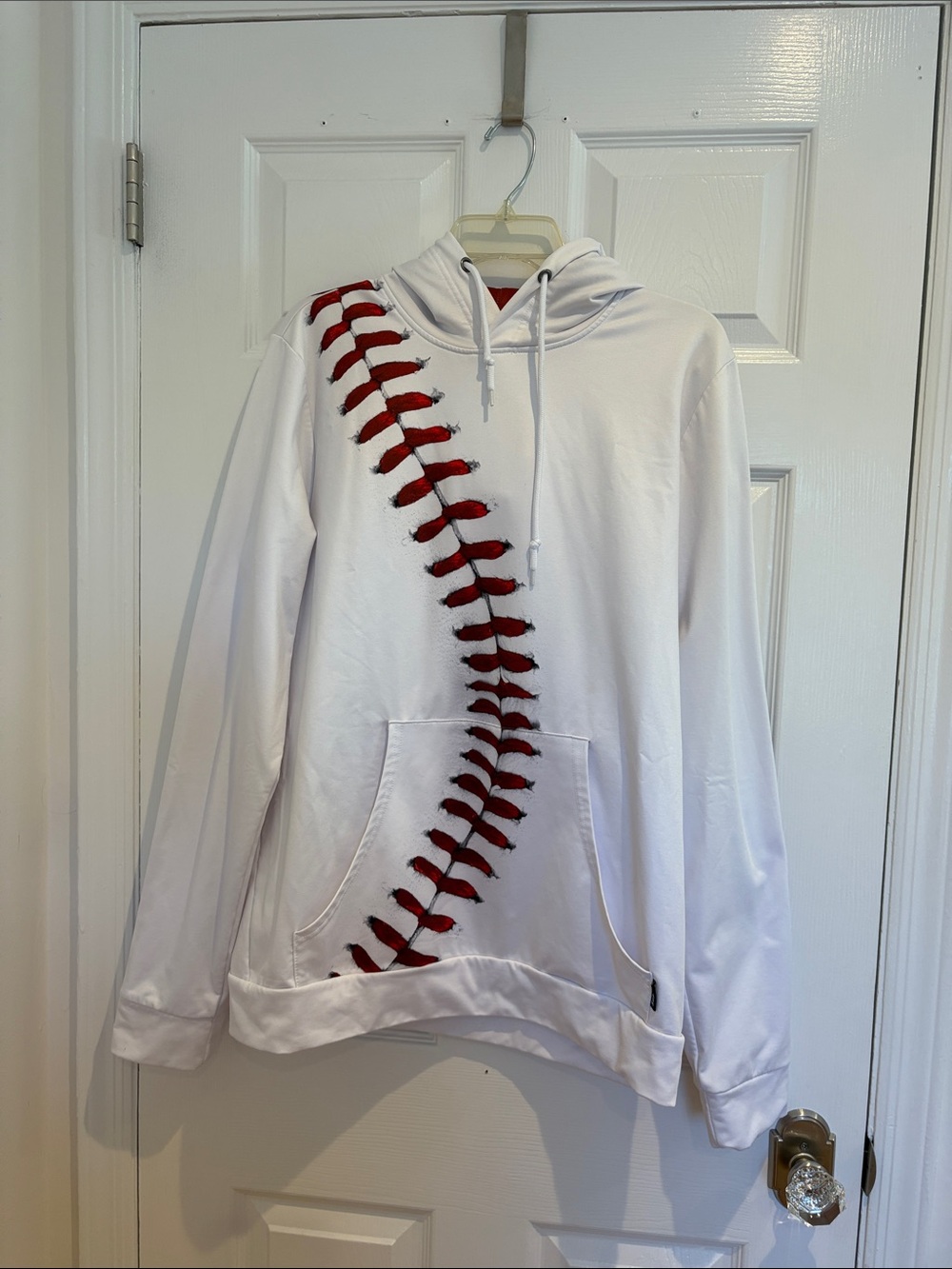 White Hoodie with Red Baseball Stitch Graphic